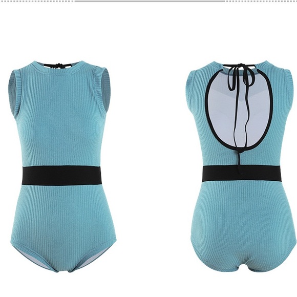 Retro Baby Blue Knit One Piece Swimsuit - Picture 9 of 14